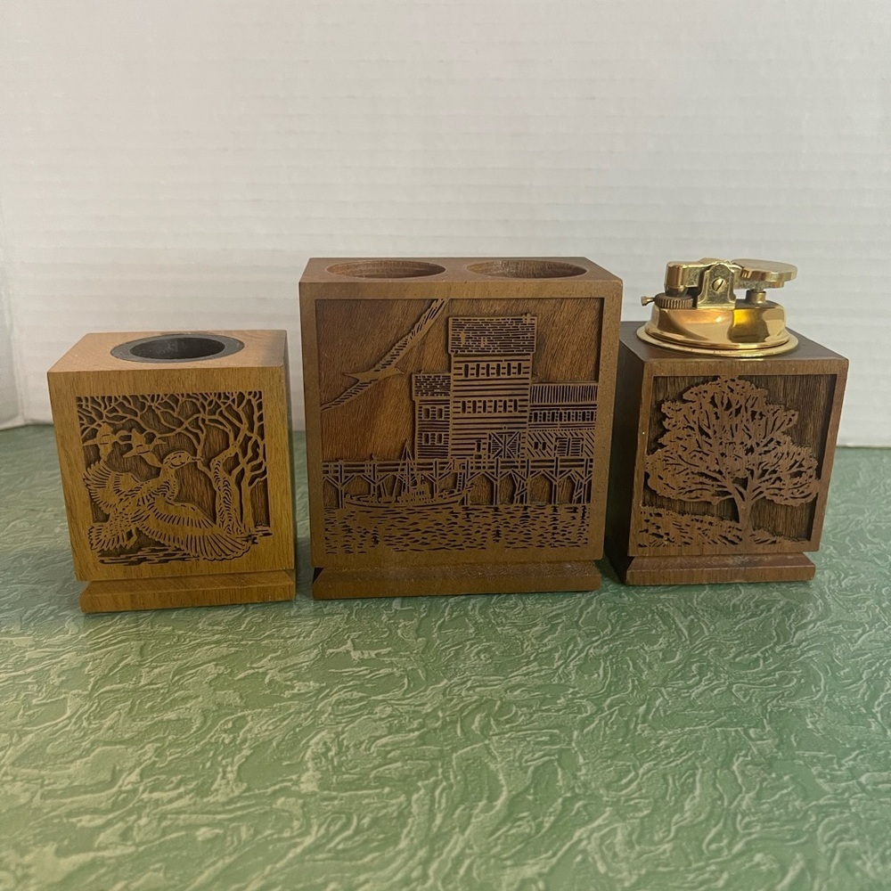 Vintage Lasercraft set of 3 American Walnut Desk Accessories